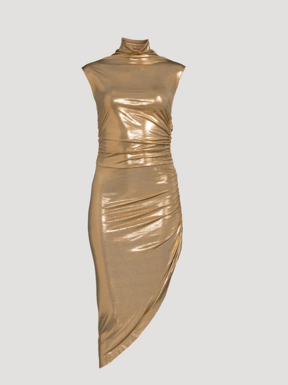 Norma kamali gold asymmetrical turtleneck lame dress size small